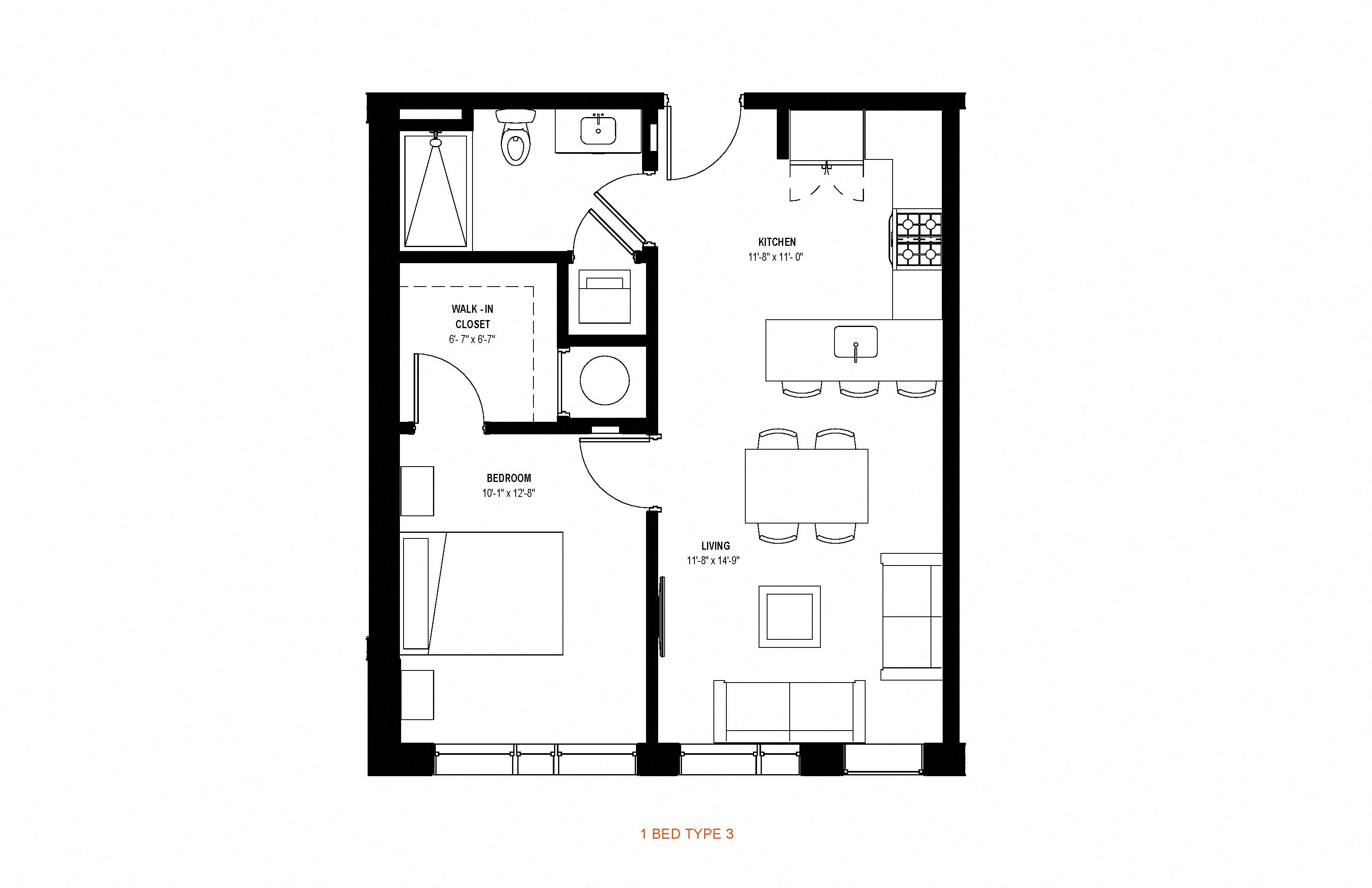 Floor plan for 1 bed, 1 bath, 622 sqft